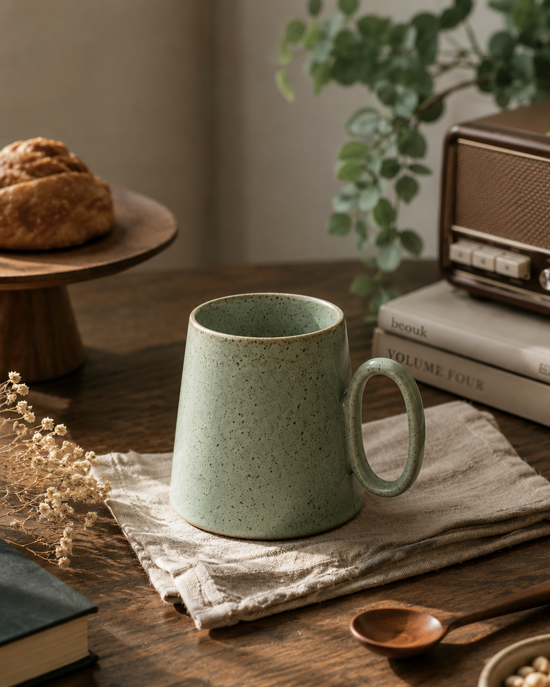 Quiet Meadow Mug on a linen napkin beside dried flowers, pastries, and a vintage radio – cozy morning lifestyle