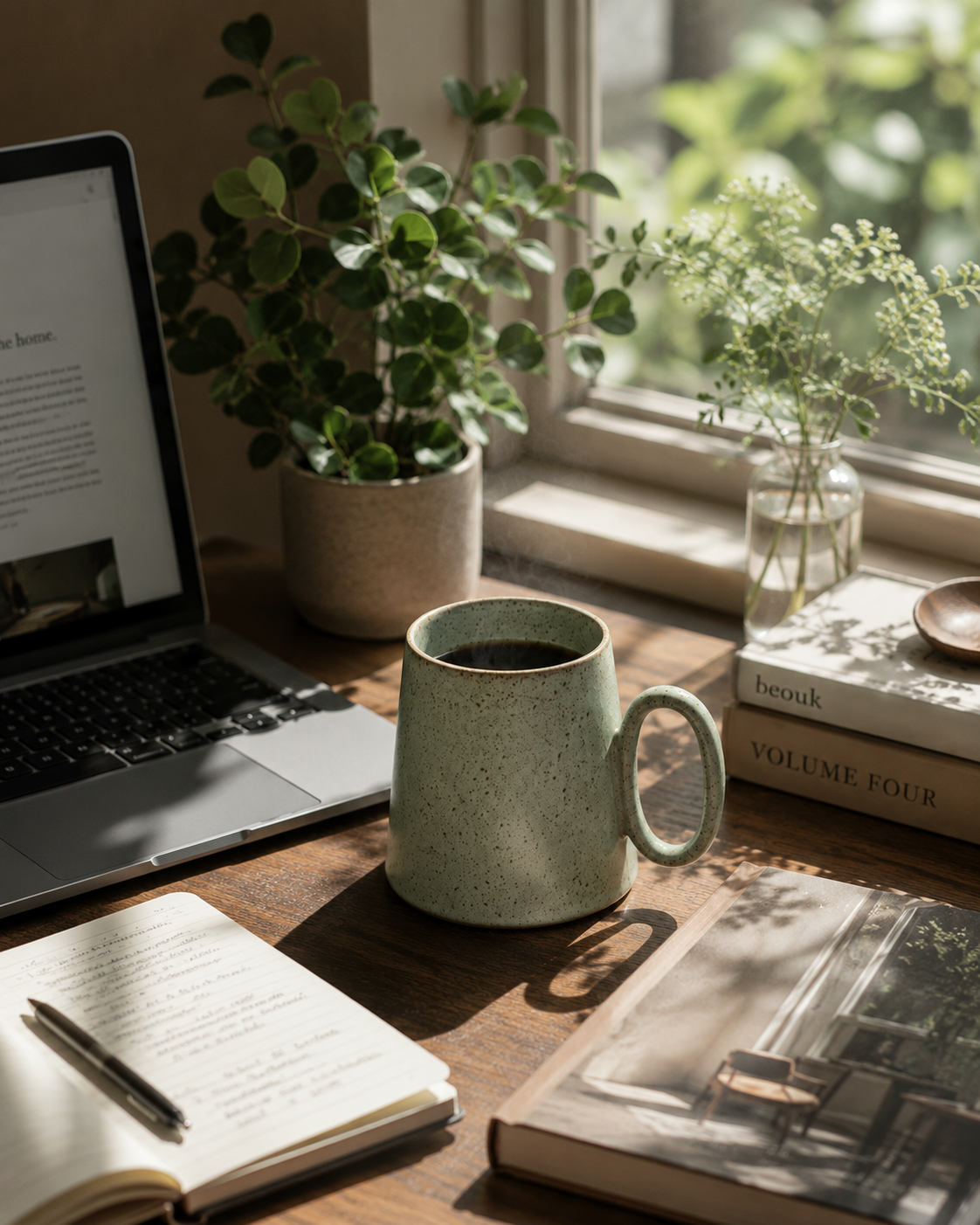 A light sage green speckled ceramic mug filled with coffee sits on a wooden desk in a warm, sunlit workspace. The desk is styled with an open laptop, an open notebook with a pen, a stack of books, and potted plants near a window.