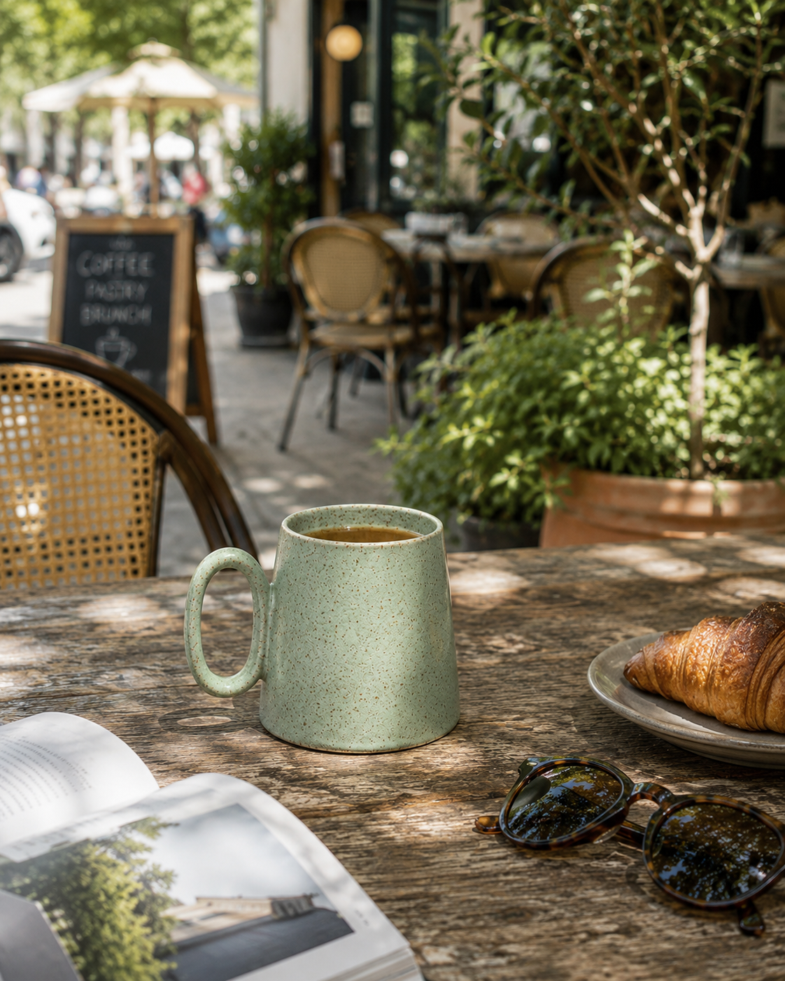 A speckled sage green ceramic mug filled with coffee sits on a rustic wooden table at an outdoor cafe, surrounded by a croissant, sunglasses, and an open magazine.