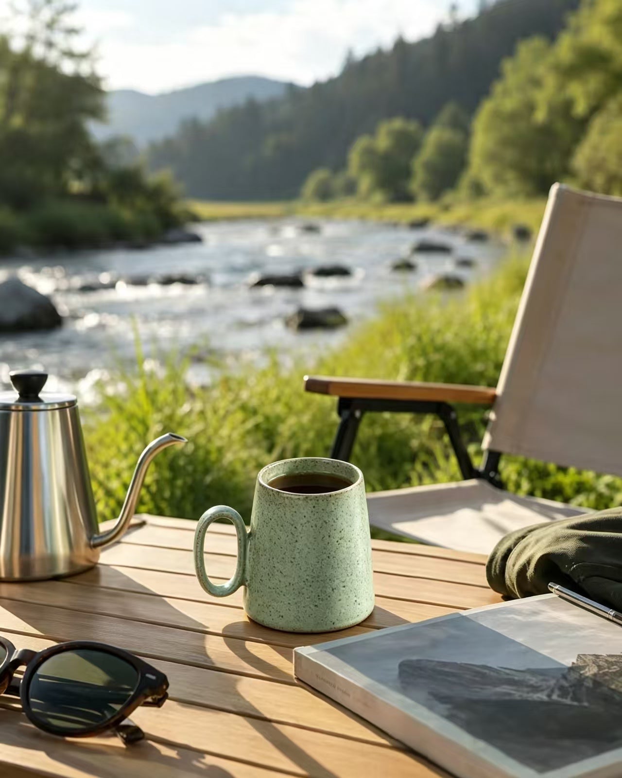 Quiet Meadow Mug filled with coffee on a wooden camp table beside a gooseneck kettle, sunglasses, and a journal, with a river and mountains in the background.