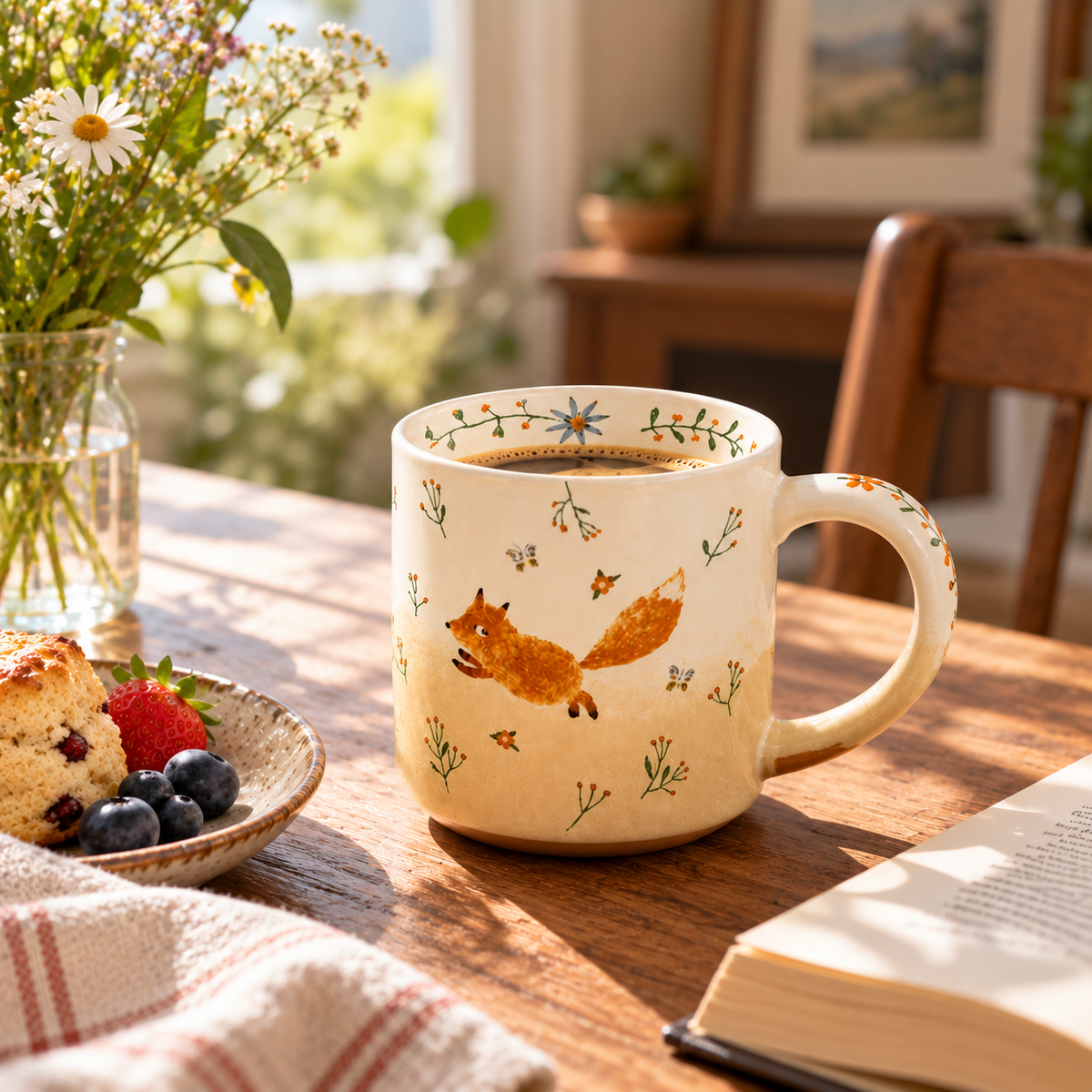 550ml Running Fox ceramic mug filled with coffee on a sunlit wooden table with flowers, berries and an open book.