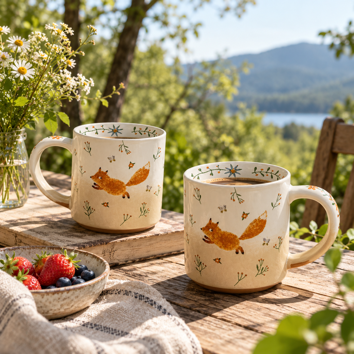 Two 550ml Running Fox ceramic mugs with coffee on a sunlit outdoor table, featuring playful fox and floral designs.