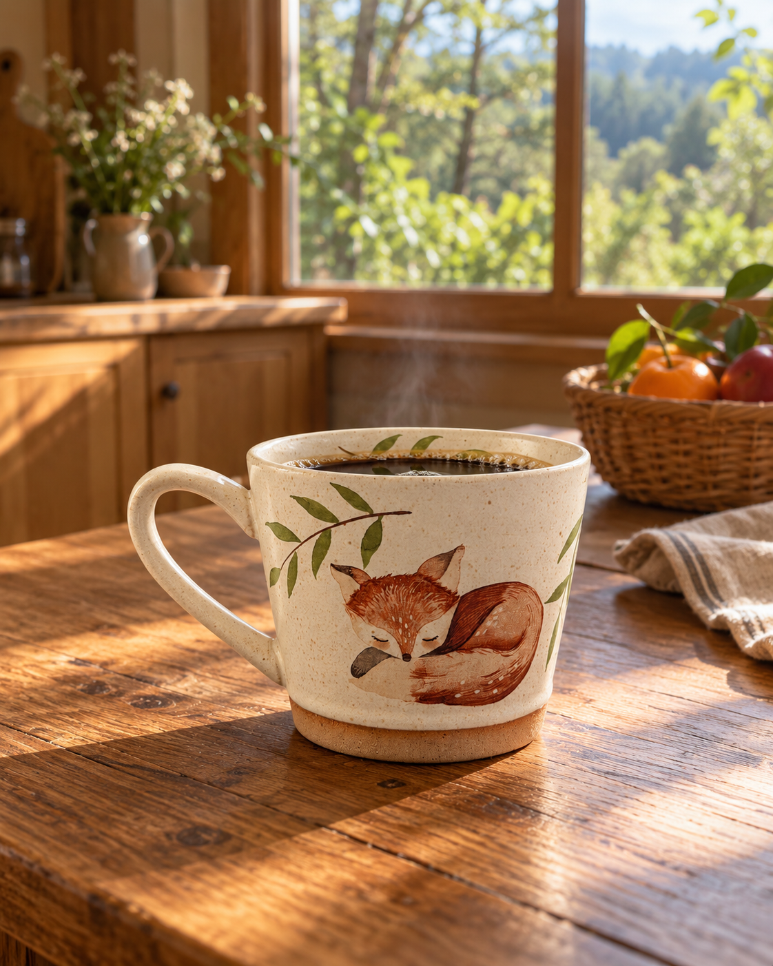 Sleeping Fox ceramic mug with its handle on the left, filled with coffee on a wooden kitchen table beside a window overlooking trees.