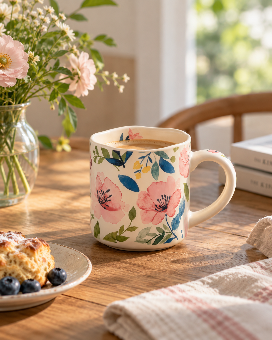 Soft Bloom floral ceramic mug with coffee on a sunlit wooden table with fresh flowers and breakfast