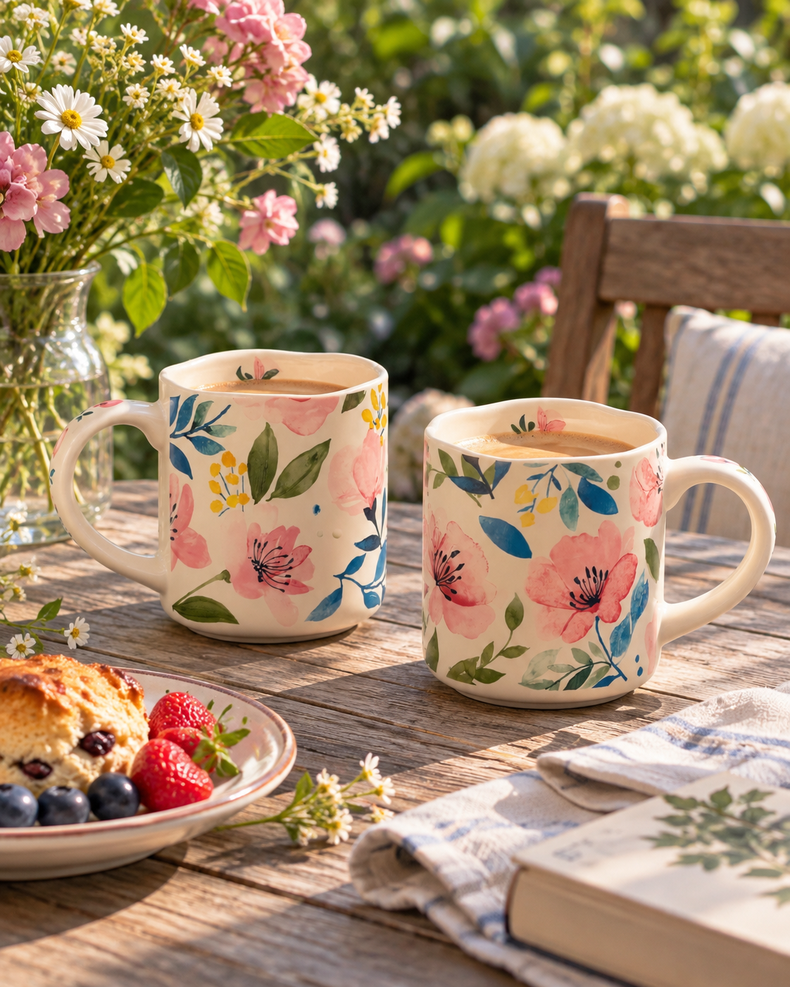 Two floral ceramic mugs with wavy rims filled with coffee on a sunlit garden table