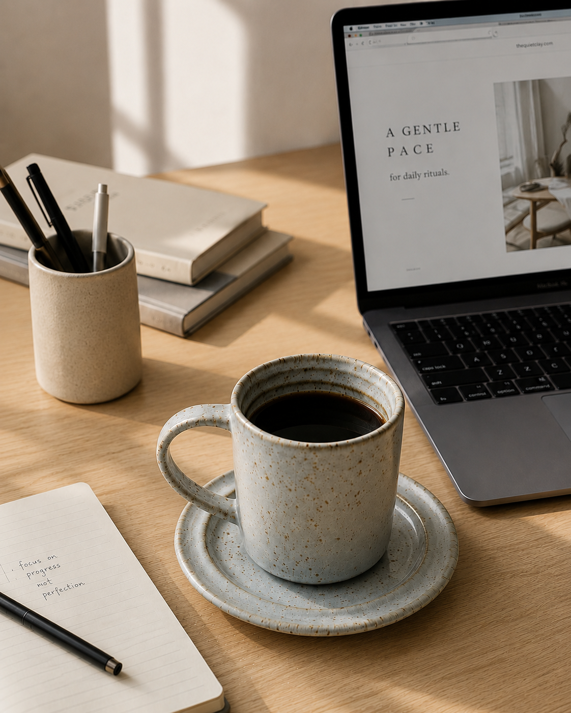 A speckled stoneware mug and saucer with black coffee on a wooden desk beside an open laptop, notebook, and pen holder in warm natural light.