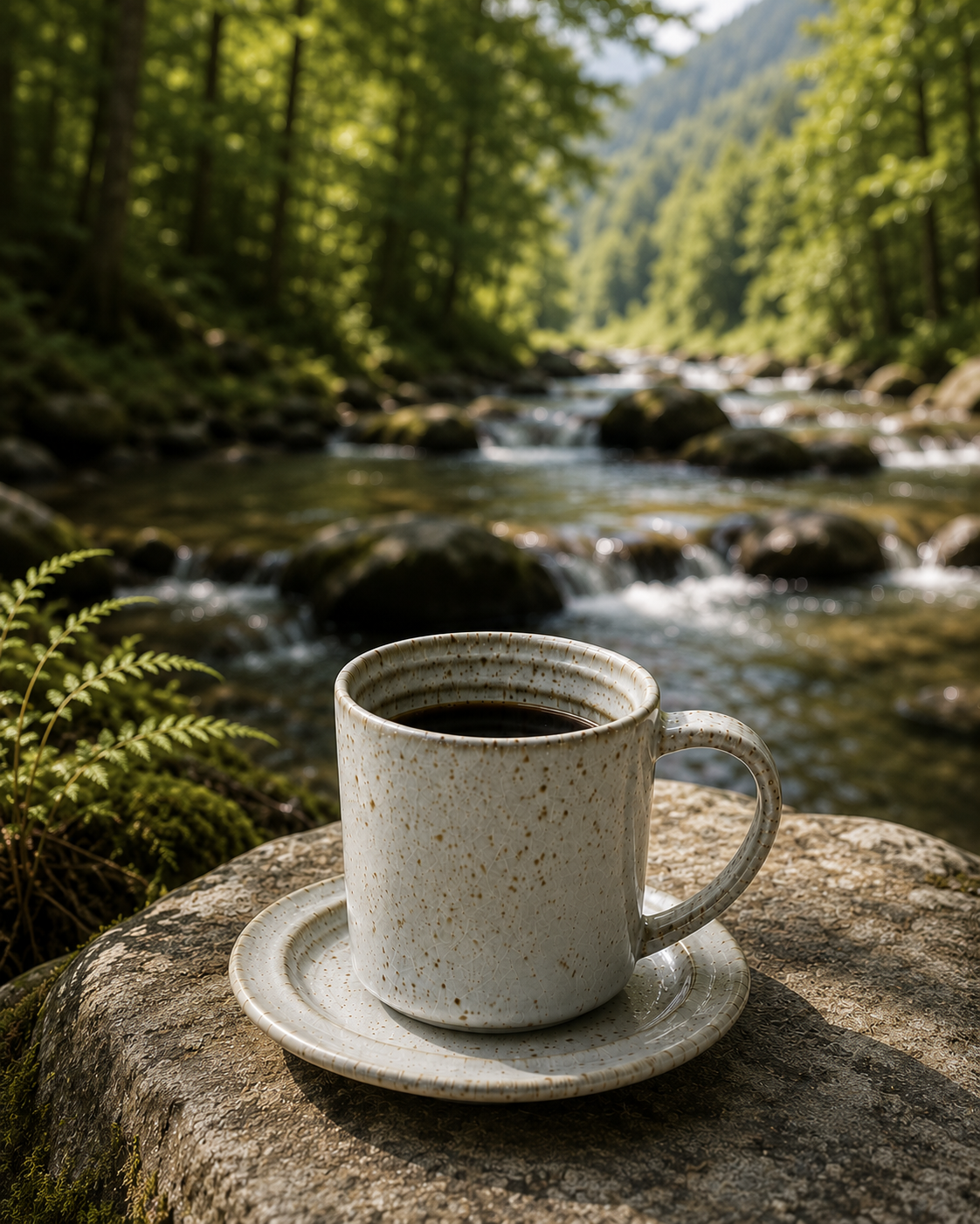 A speckled stoneware mug and saucer filled with black coffee, placed on a mossy rock beside a flowing forest stream.