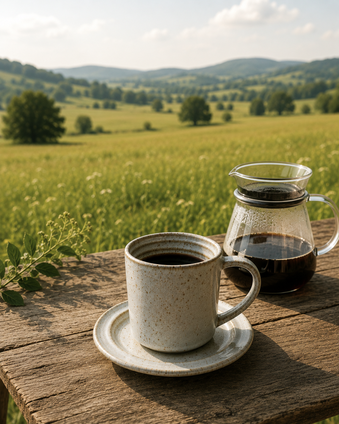 A speckled stoneware mug and saucer with black coffee on a rustic wooden table, with a glass pour-over carafe and an open meadow in the background.