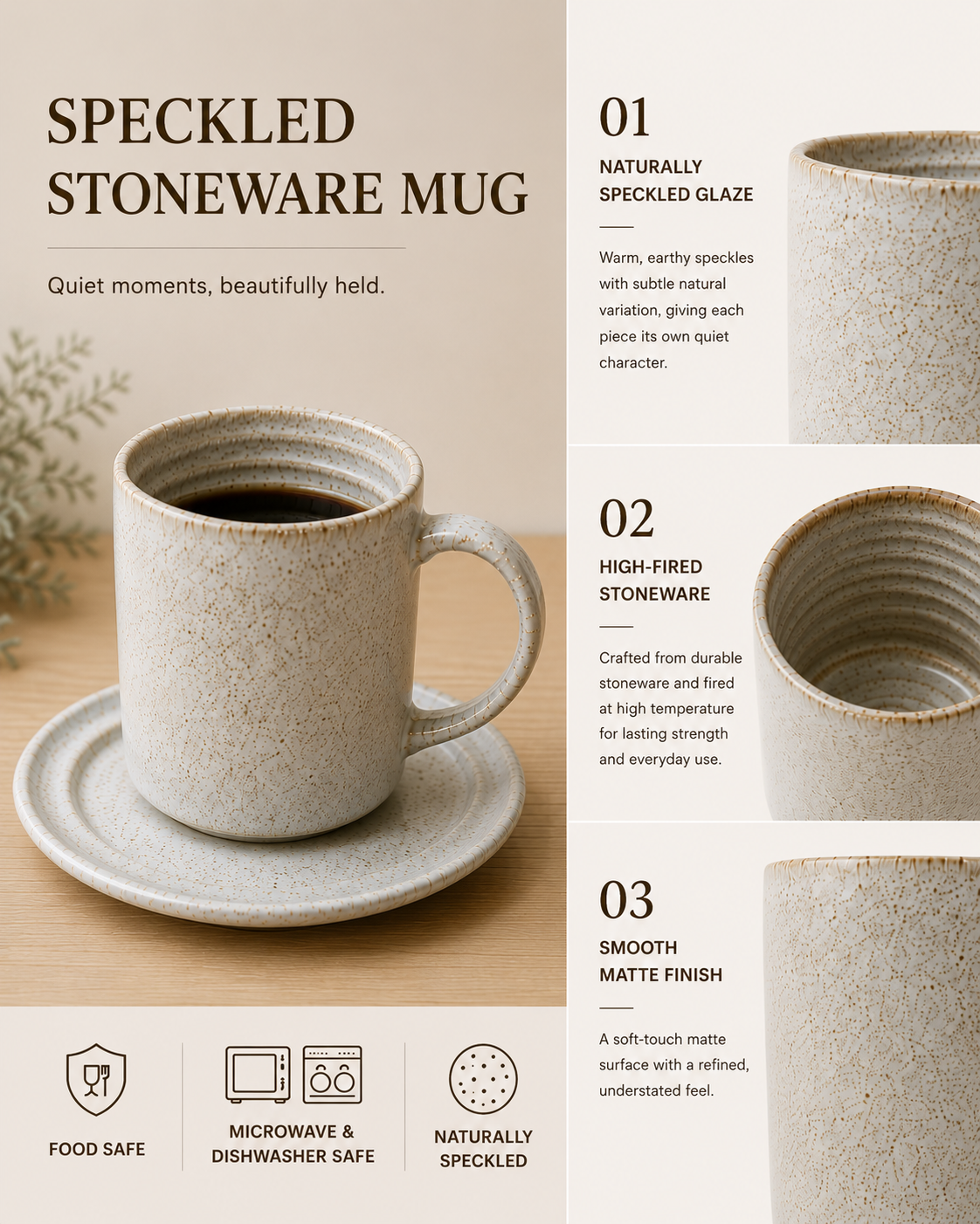 Speckled stoneware mug feature highlights on a beige background, including matte glaze, rounded handle, and food-safe materials.
