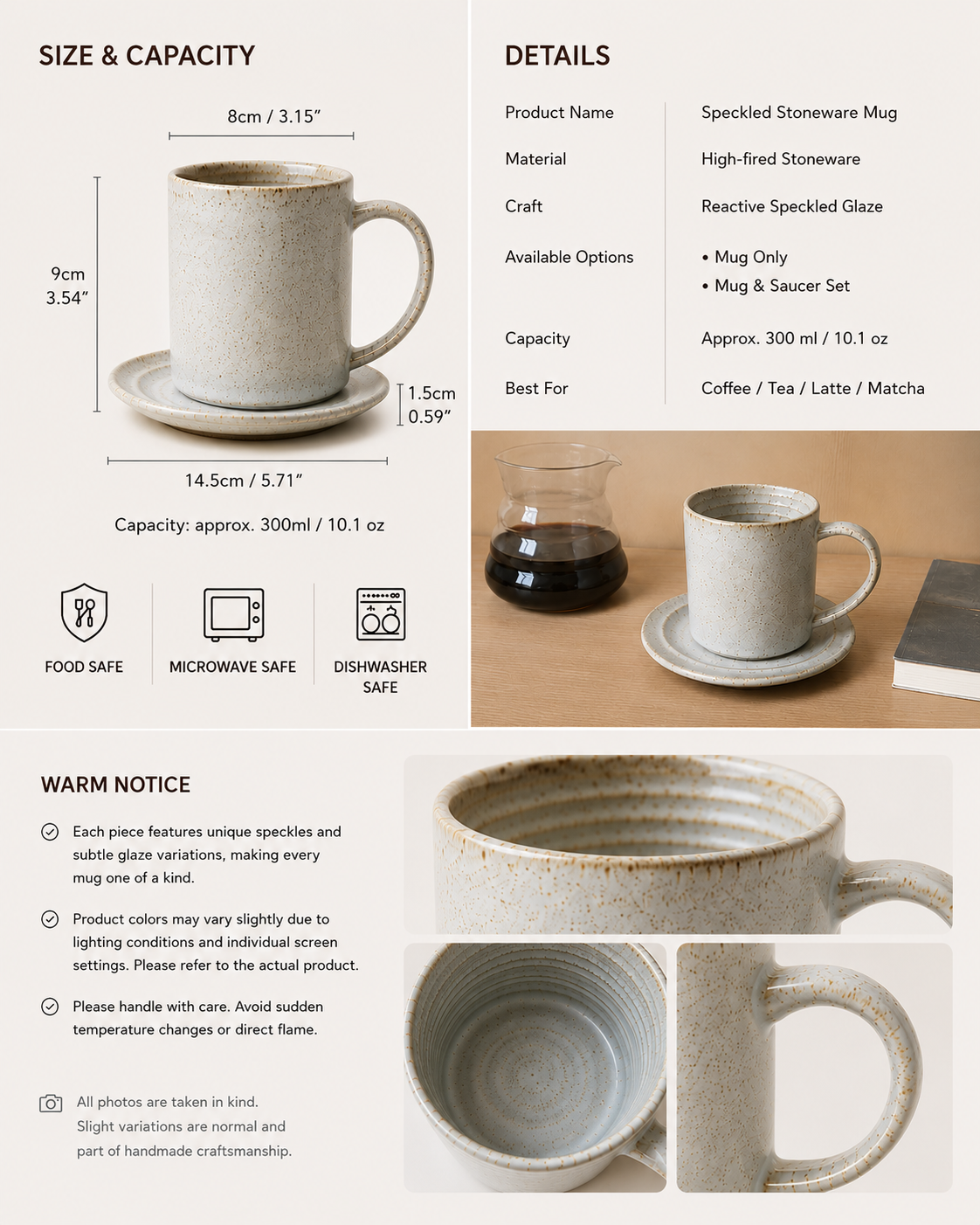 An informational product graphic for a speckled stoneware mug and saucer set, showing dimensions, capacity, food-safe, microwave-safe, and dishwasher-safe icons, with a lifestyle photo.