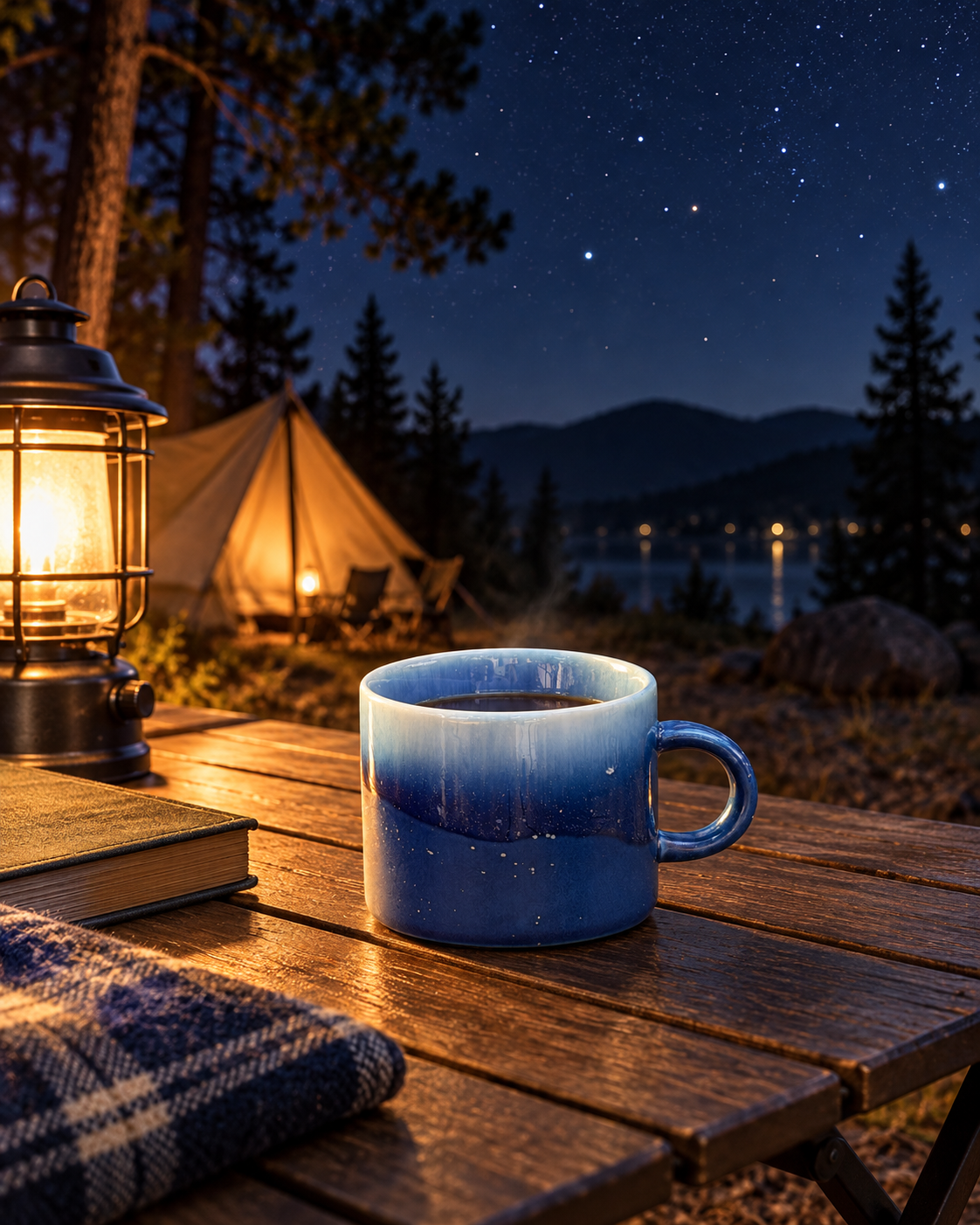 Blue kiln-glazed ceramic mug filled with a warm drink on a wooden camping table beneath a starry sky, with a glowing lantern and tent nearby.