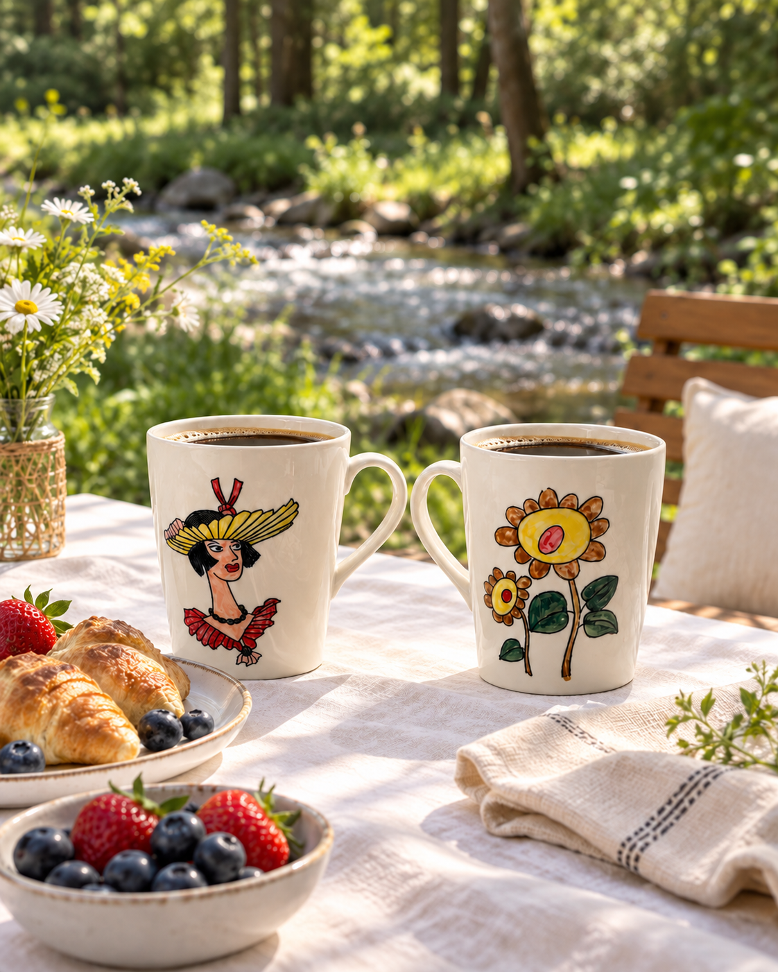 Two Sunflower Muse hand-painted ceramic mugs filled with coffee at a sunny lakeside picnic, showing the woman and sunflower designs.