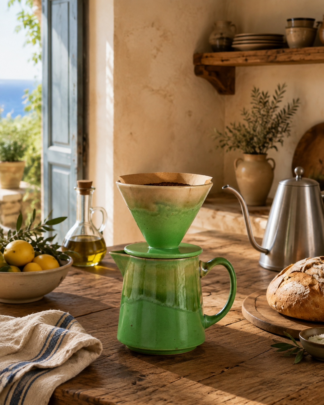 A green ceramic pour-over coffee maker with a matching carafe sits on a rustic wooden table in a warm, sunlit kitchen setting with bread, lemons, and a metal kettle nearby.