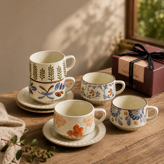 A hand-painted wildflower stoneware cup and saucer set on a neutral background, showing botanical floral pattern and speckled finish.