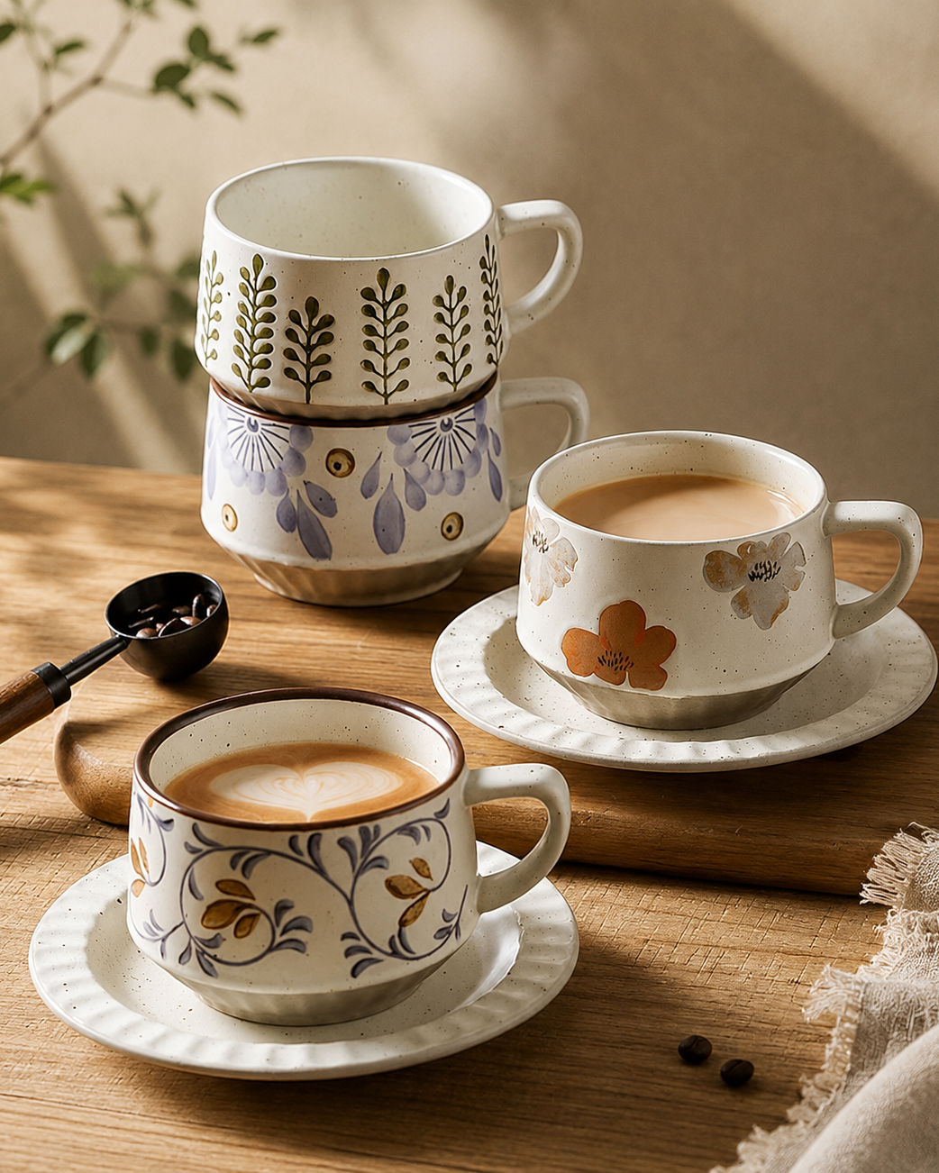 Four hand-painted wildflower stoneware cups with saucers in different botanical designs, arranged on a warm wooden table with coffee and a coffee scoop.
