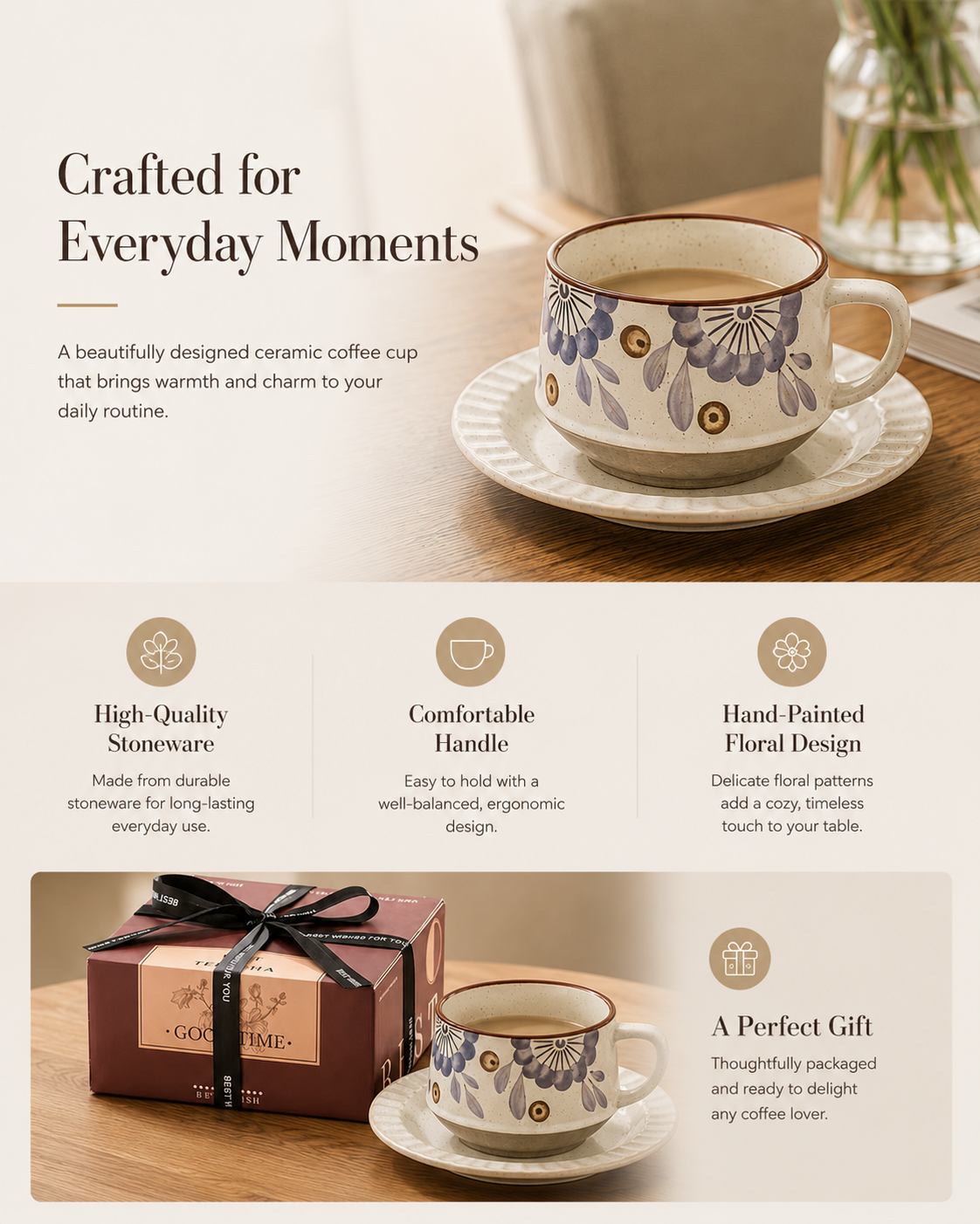 Product feature graphic for the Wildflower Stoneware Cup and Saucer, highlighting high-quality stoneware, comfortable handle, hand-painted floral design, and gift-ready packaging.