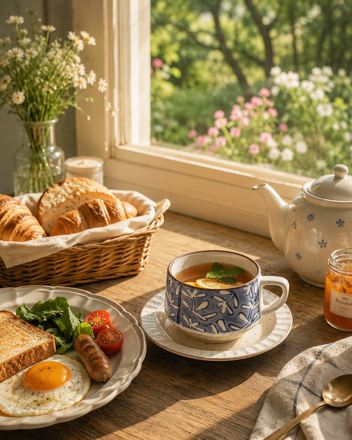 A hand-painted wildflower stoneware cup and saucer on a breakfast table with warm morning light.
