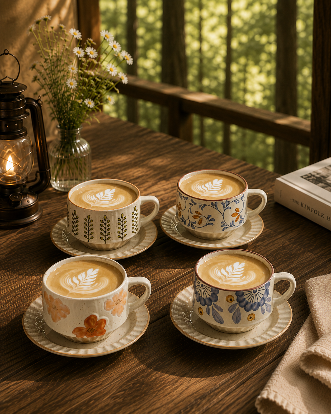 A hand-painted wildflower stoneware cup and saucer set in an outdoor setting with natural greenery.