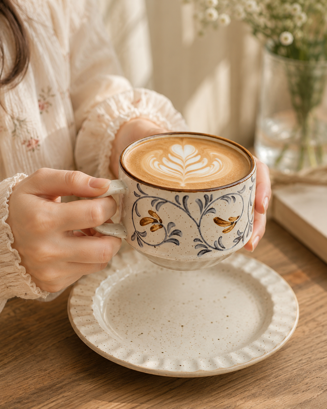 A woman holding a hand-painted arabesque vine stoneware cup filled with latte art, with a matching saucer on a wooden table and white flowers in the background.