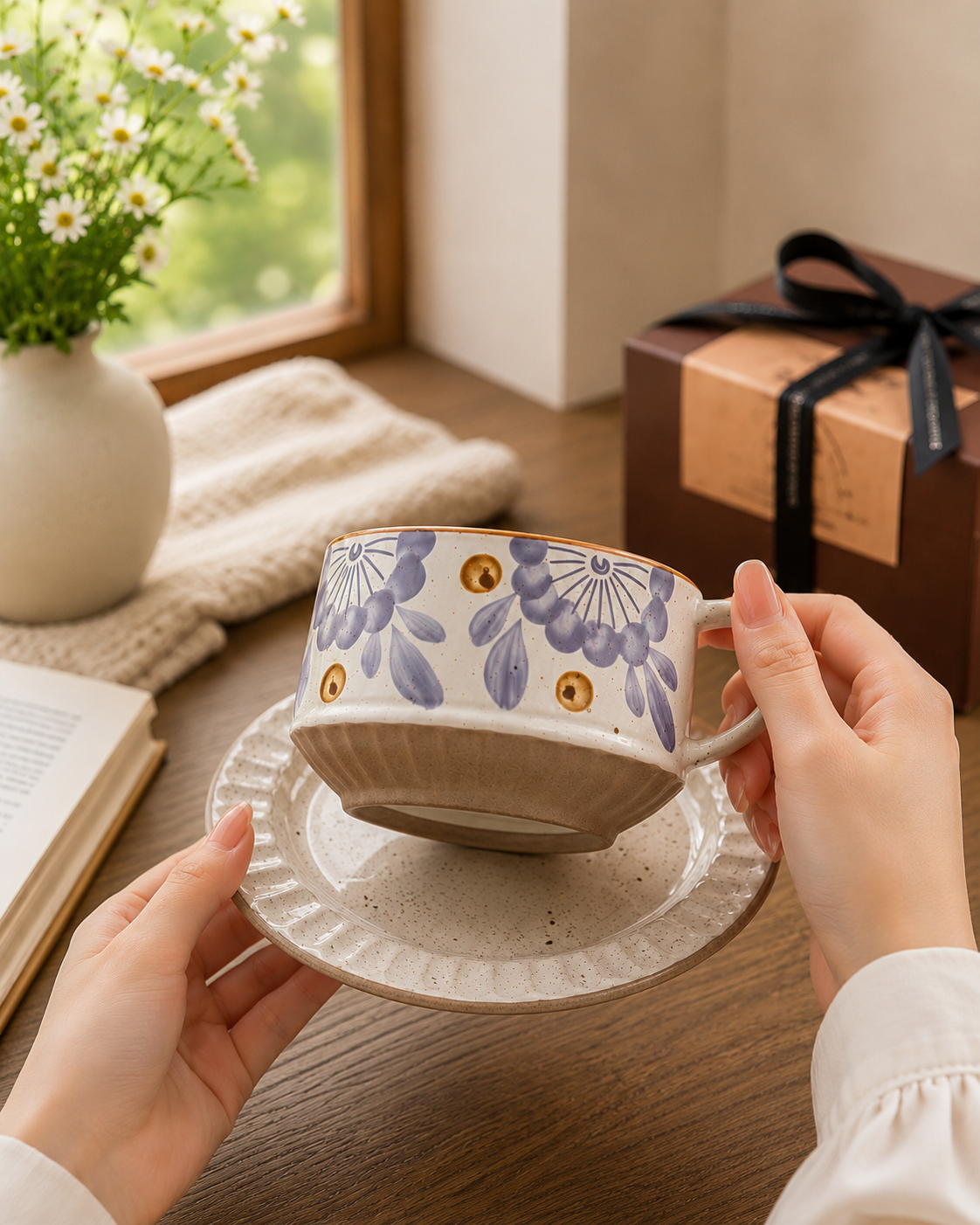 A woman's hand holding a hand-painted wildflower stoneware cup with matching saucer, with soft natural light in the background.