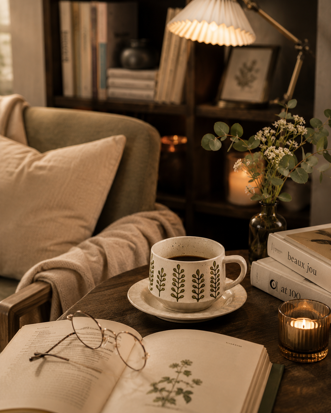 A hand-painted wildflower stoneware cup with matching saucer filled with black coffee, on a side table beside an open book, glasses, and a candle in a cozy reading nook.