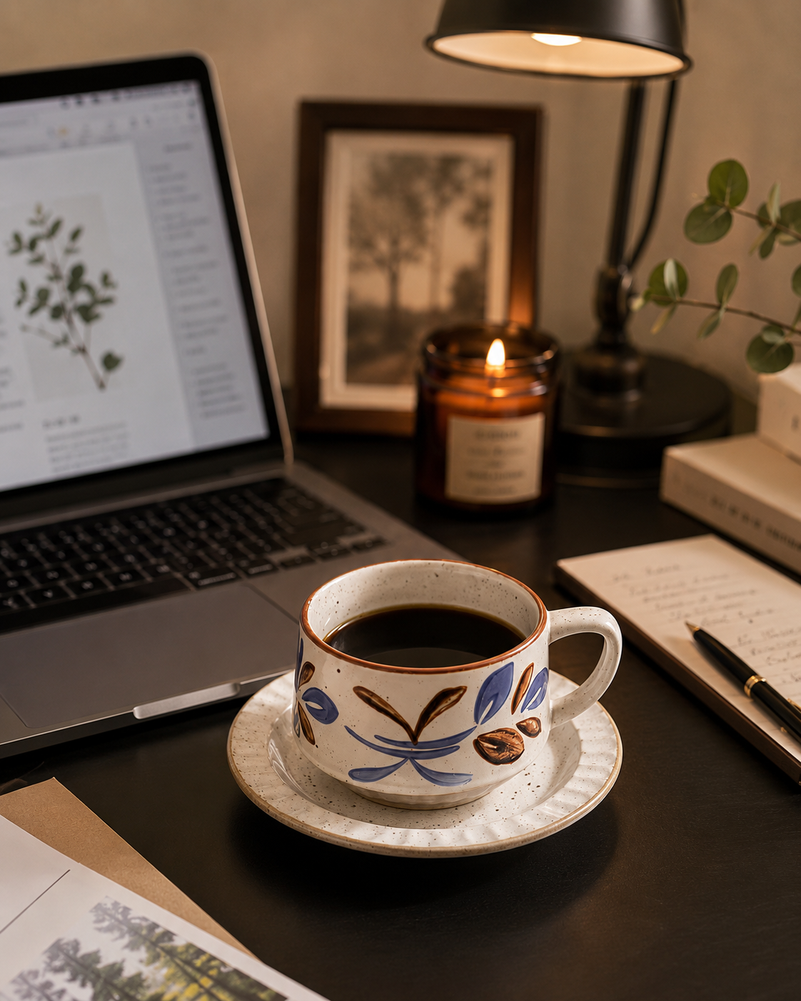 A hand-painted wildflower stoneware cup and saucer on a work desk with soft ambient lighting.
