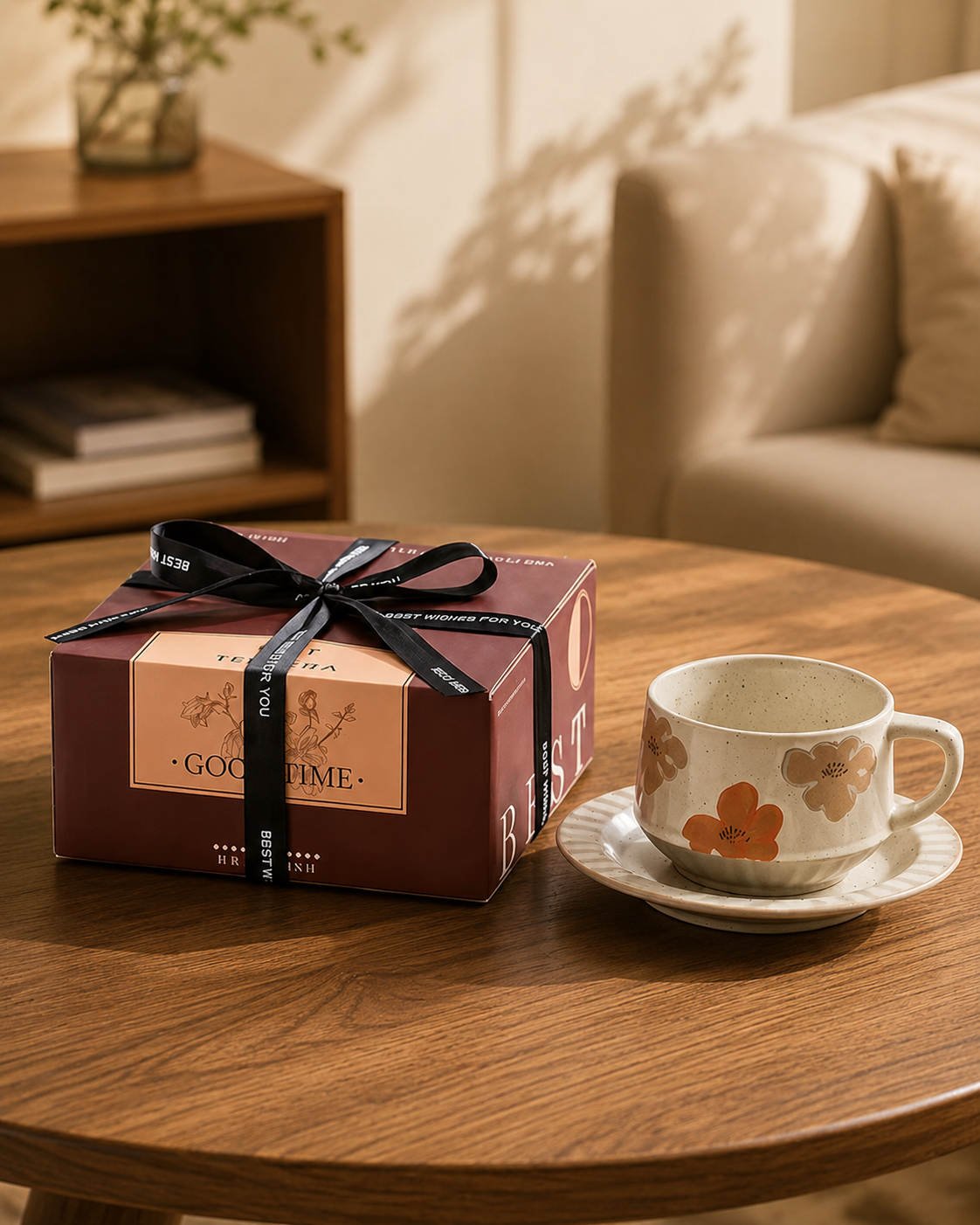 A hand-painted spring bloom stoneware cup and saucer next to a gift box tied with a black ribbon on a wooden coffee table.