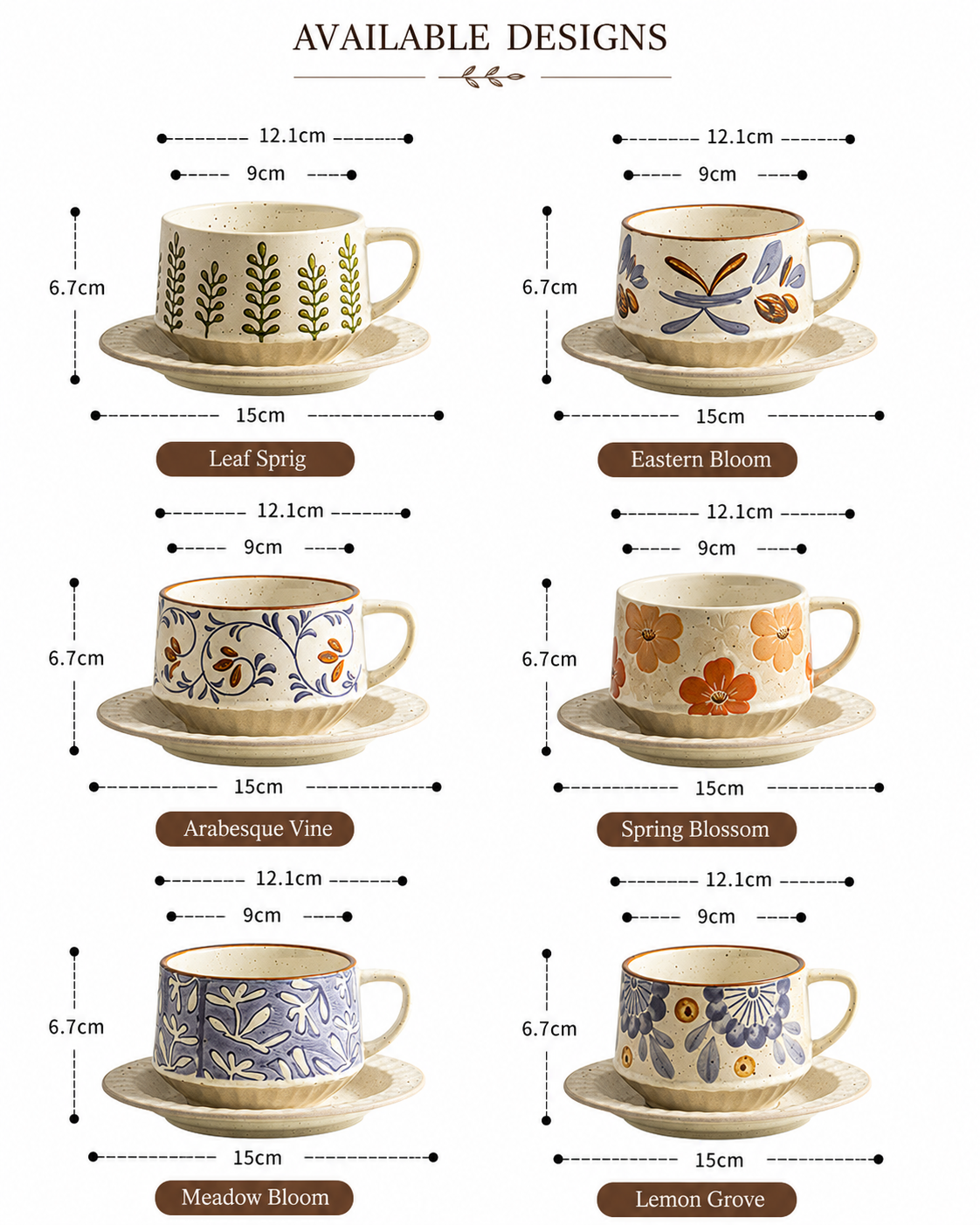 Available designs chart for the Wildflower Stoneware Cup and Saucer, showing six botanical patterns: Leaf Sprig, Eastern Bloom, Arabesque Vine, Spring Blossom, Meadow Bloom, and Lemon Grove, with dimensions.