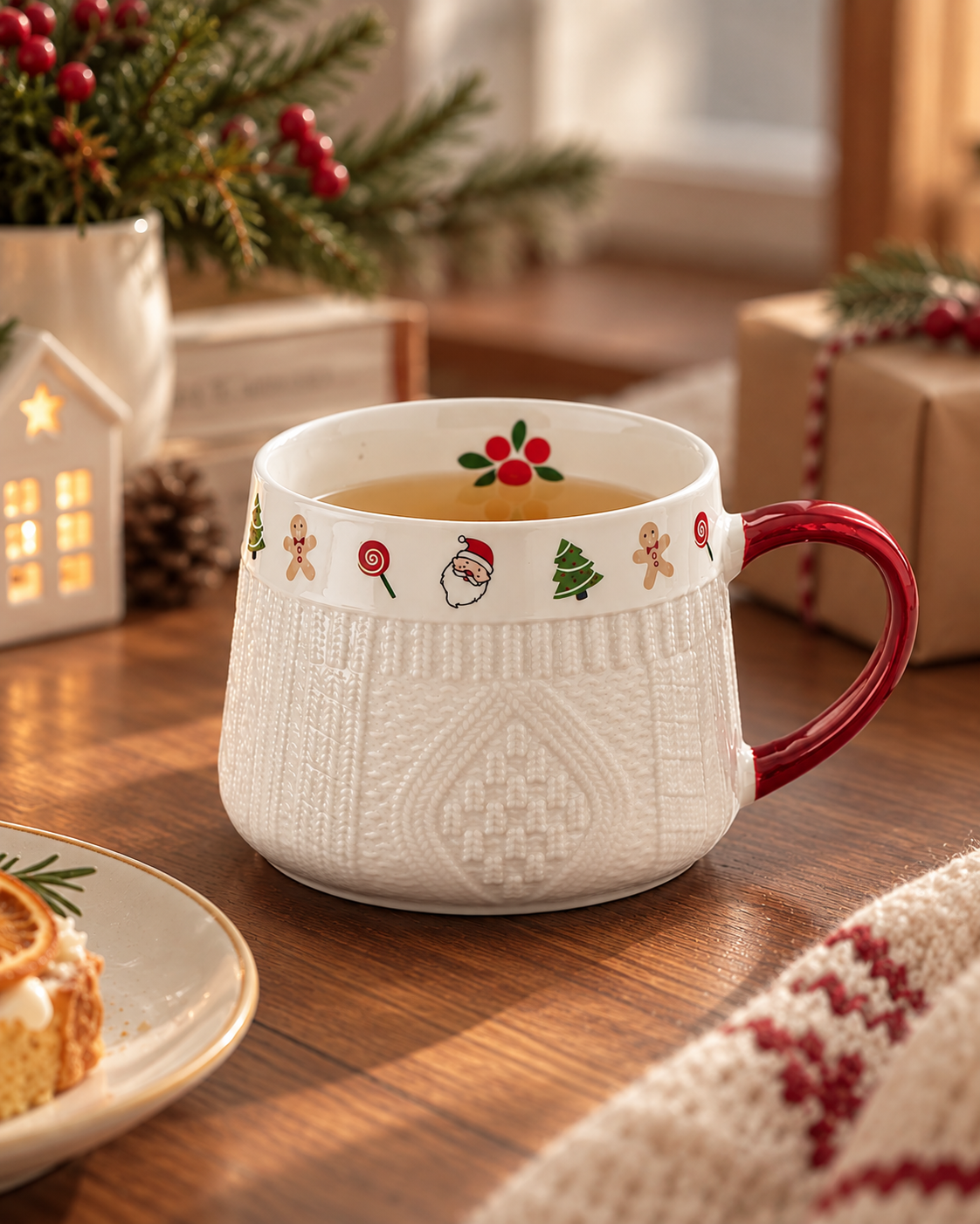 White Winter Knit holiday ceramic mug with red handle and raised sweater texture in a cozy Christmas setting