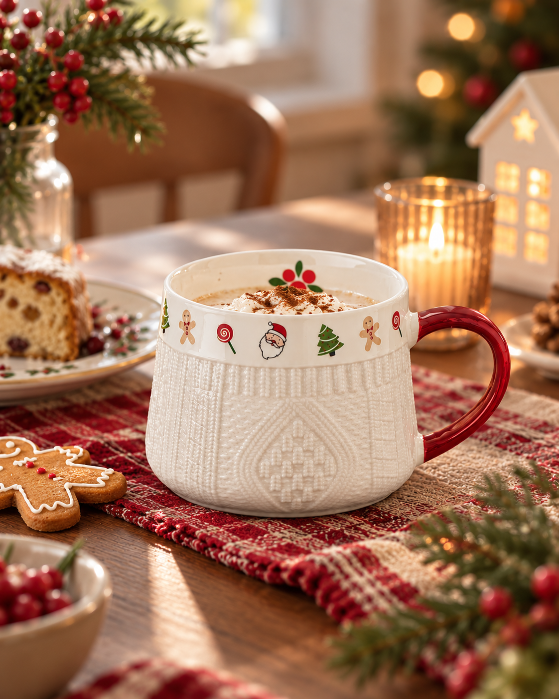 White Winter Knit holiday ceramic mug with red handle in a cozy Christmas setting with gingerbread and a warm drink