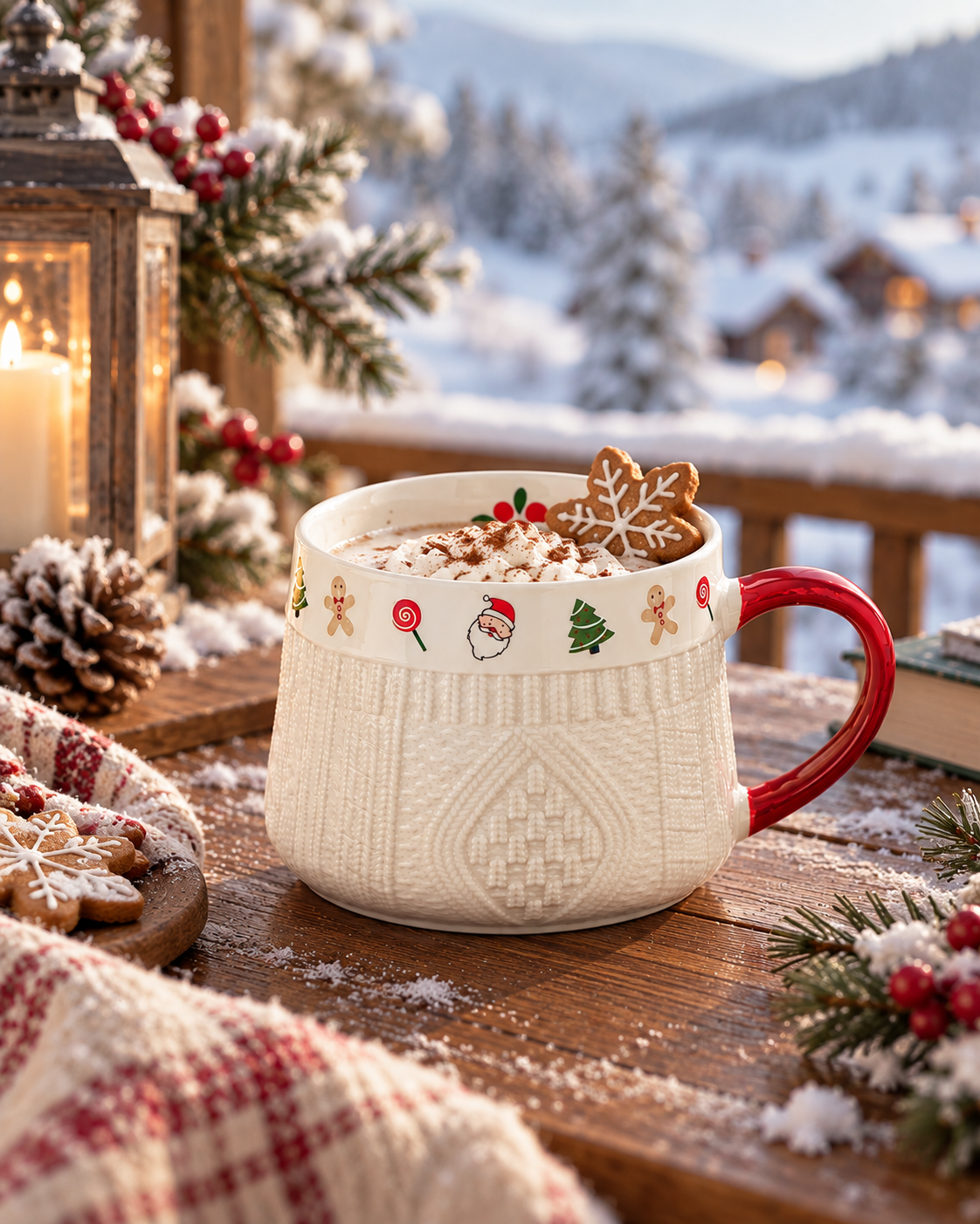White Winter Knit holiday ceramic mug with red handle and hot cocoa in a cozy snowy winter setting