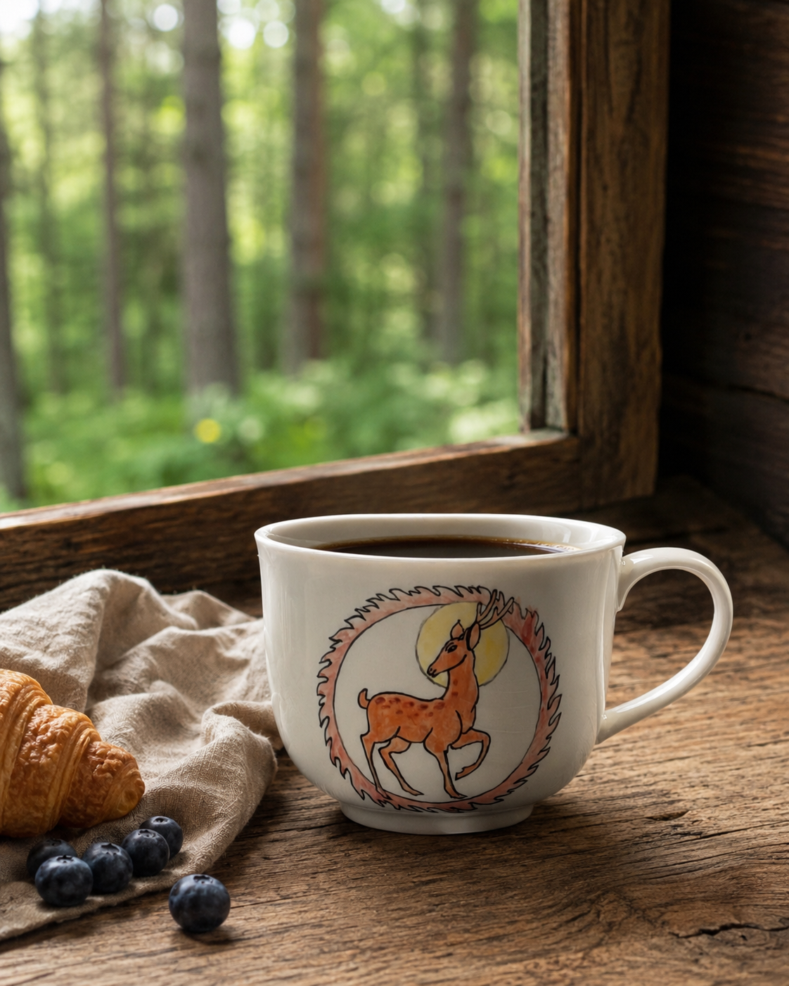 Woodland Deer mug with coffee in forest cabin morning setting, hand-painted deer mug on rustic wooden surface, The Quiet Clay