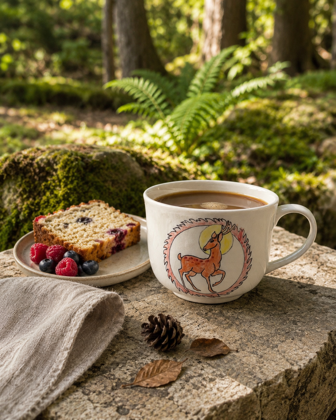 Woodland Deer mug in woodland afternoon tea setting, hand-painted ceramic mug with deer motif among forest props, The Quiet Clay