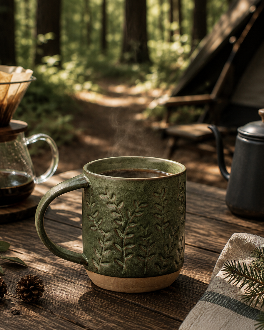 Woodland Sprig Mug with embossed leaf pattern filled with hot coffee, styled on a rustic wooden table in a forest setting