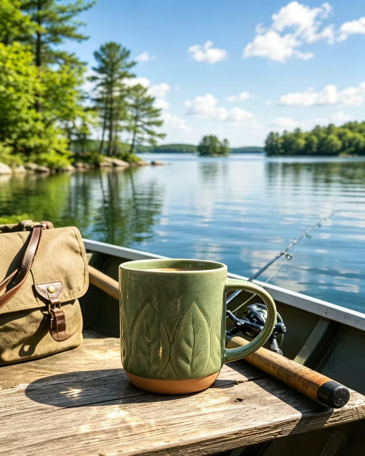 Woodland Sprig Stoneware Mug held outdoors by a lake, lifestyle fishing scene