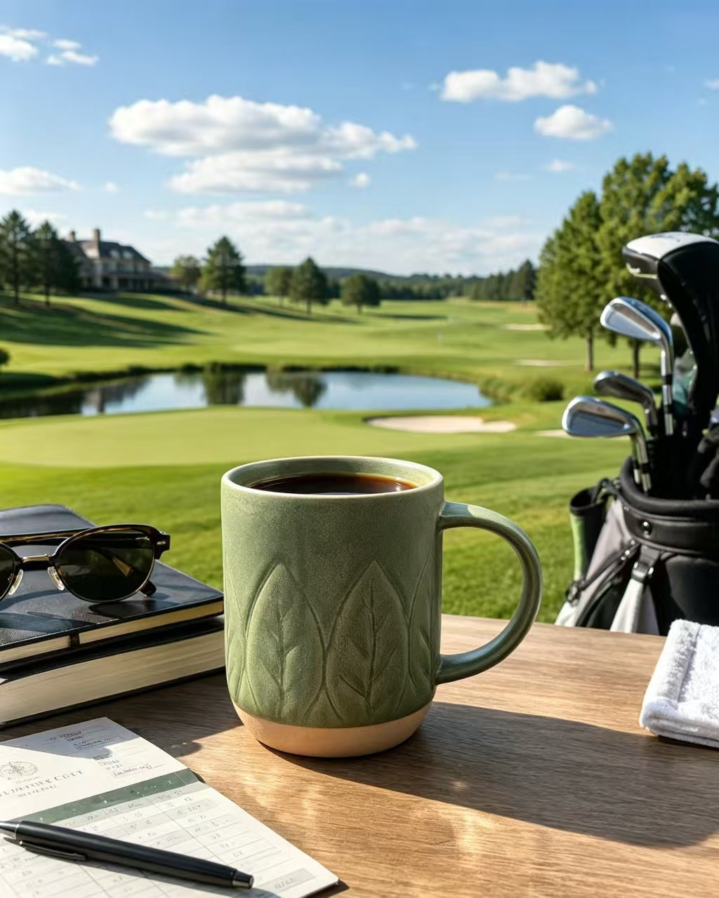 Woodland Sprig Stoneware Mug at a golf course, outdoor lifestyle scene
