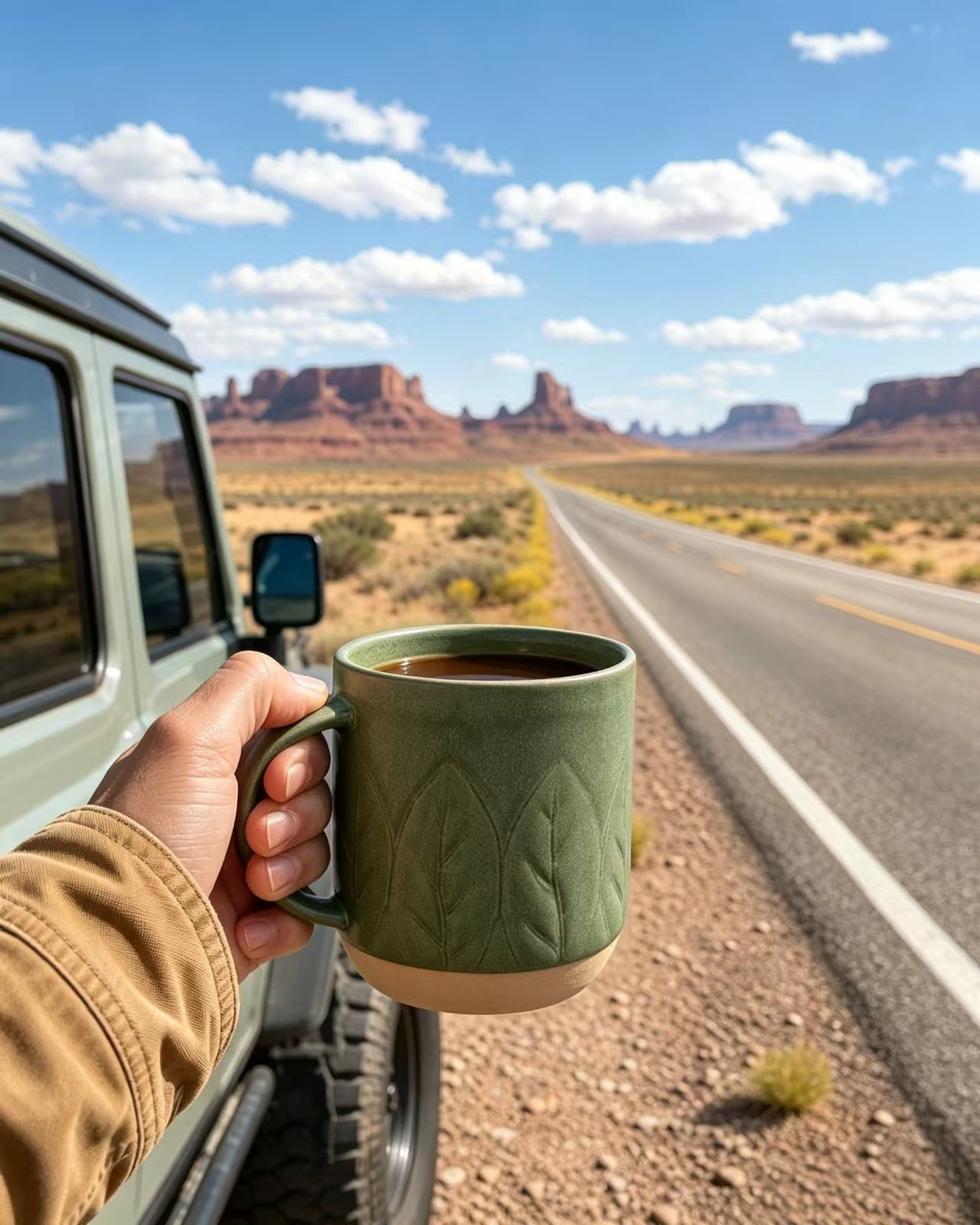 Woodland Sprig Stoneware Mug on a road trip, outdoor lifestyle scene