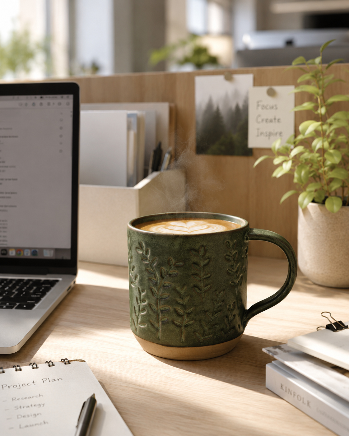 Woodland Sprig Mug with botanical relief design on a library desk surrounded by stacked books and a laptop