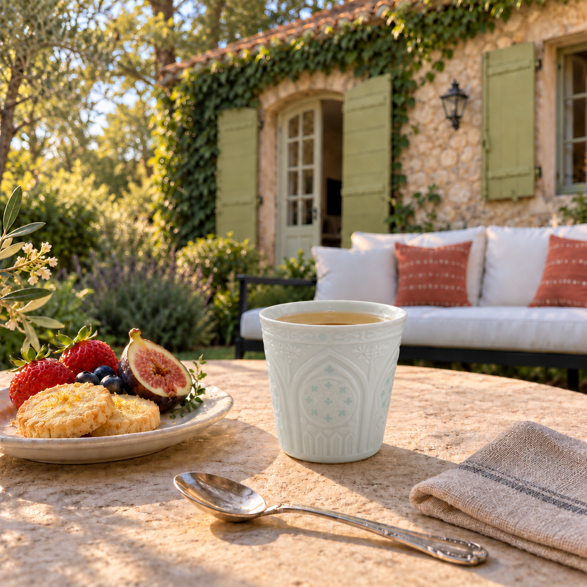 Linglong porcelain cup styled on an outdoor table in a quiet Mediterranean garden setting