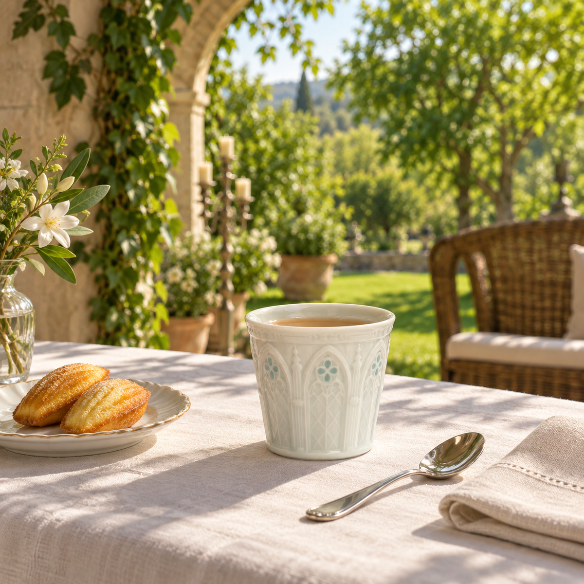 Hand-carved Linglong porcelain cup on a sunlit garden table with cake and a teaspoon