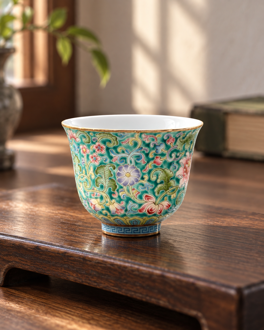 Ying Shengxiang’s enamel-painted porcelain teacup displayed on a wooden stand, showing its turquoise floral design and white interior