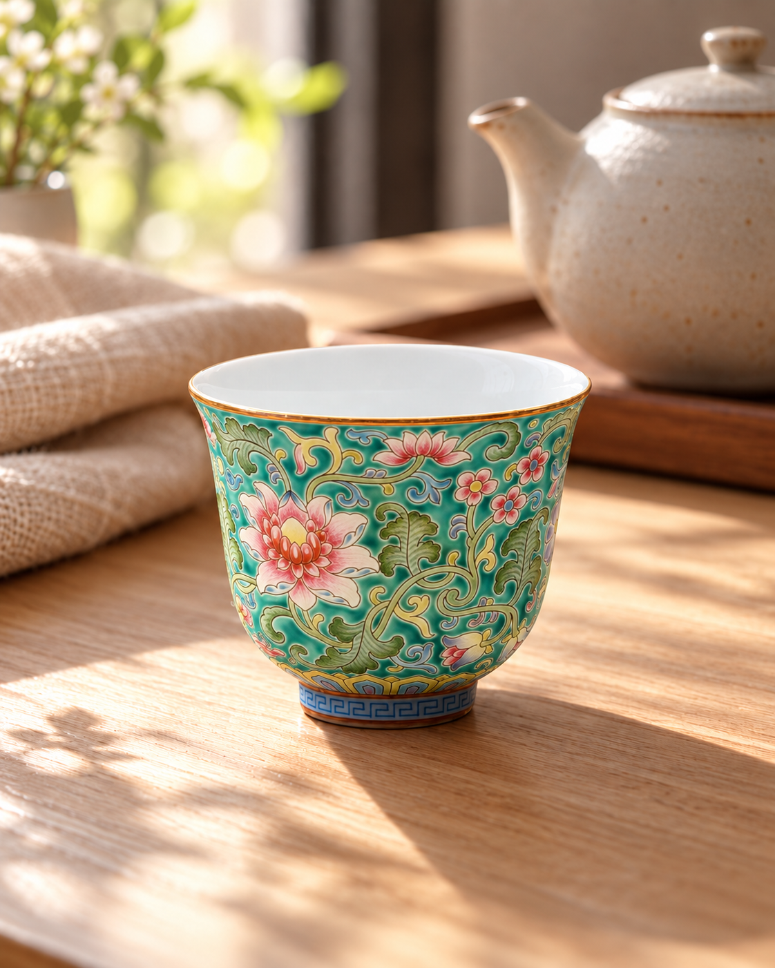 Small enamel-painted porcelain teacup by Ying Shengxiang with a pink flower facing forward, set beside a teapot in warm window light